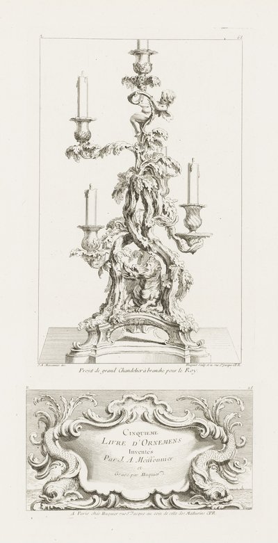 Entwurf eines großen Kronleuchters für den König, Kronleuchter mit fünf Armen und einem Drachen, 2. Pl... von Juste Aurèle Meissonnier